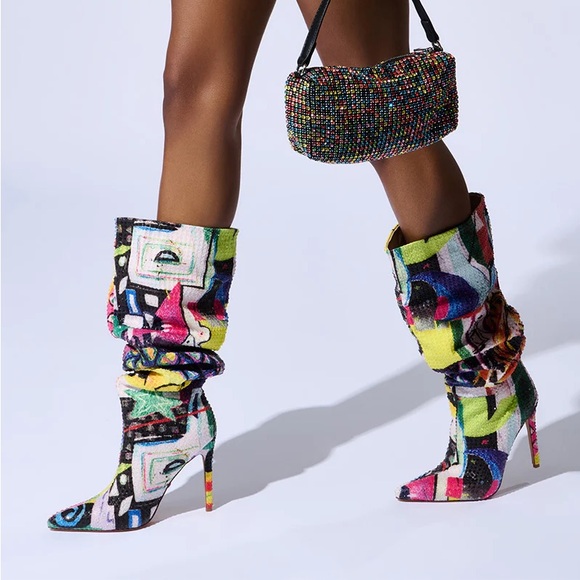 AZALEA WANG Colorful Abstract Patterned Stiletto Rhinestone Boots - Picture 5 of 7